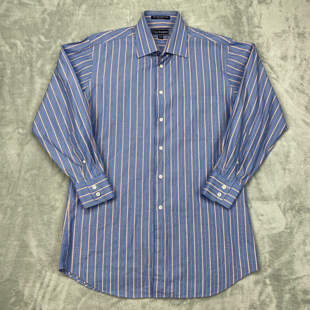 Paul Fredick Dress Shirt‎ Mens 15.5 Blue Striped Non-Iron Trim Fit Finest Cotton
